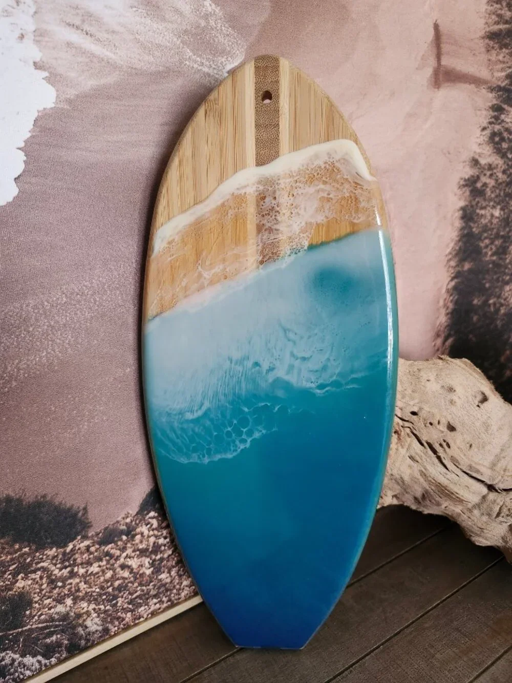 Bamboo Surfboard Epoxy Resin Ocean Wave Beach Wall Art Coastal 14.25